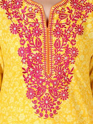straight yellow cotton embroidered kurta - 12591275 - Standard Image - 4