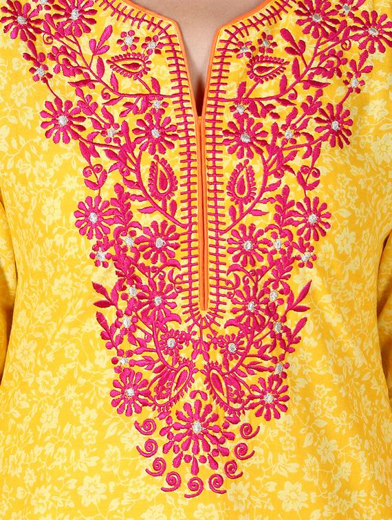 straight yellow cotton embroidered kurta - 12591275 - Zoom Image - 4