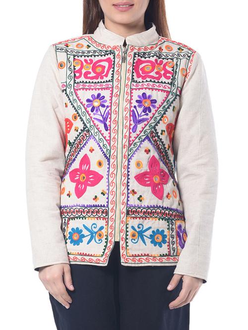 white khadi ethnic jacket - 12591608 - Standard Image - 1