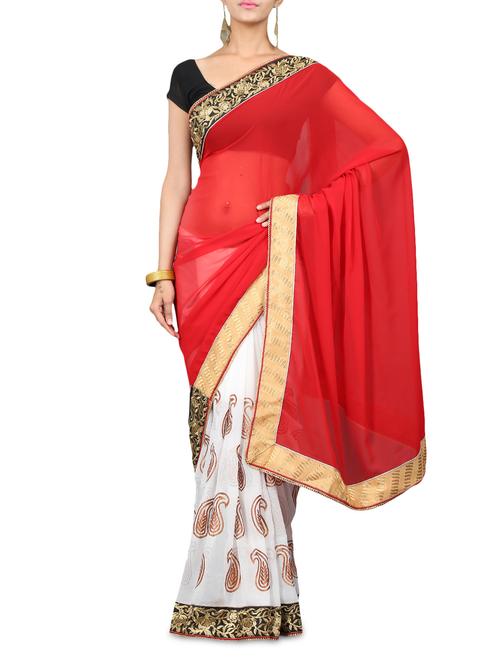 Red and White Paisley Embroidered Georgette Saree - 1261030 - Very Small Image - 1