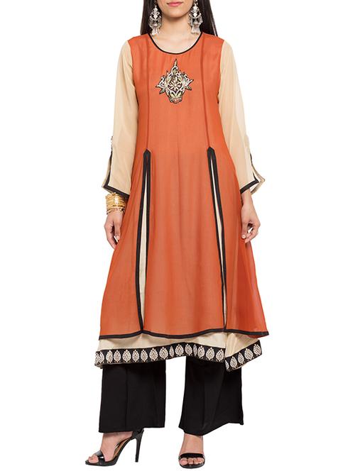 orange georgette layered kurta - 12623817 - Very Small Image - 1