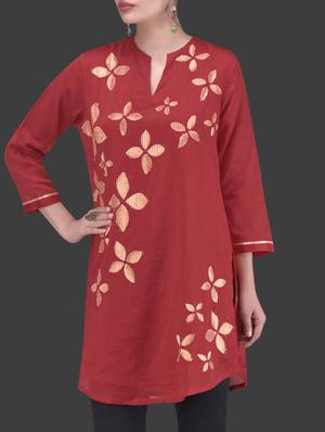red appliqued chanderi silk tunic - 1265539 - Standard Image - 2