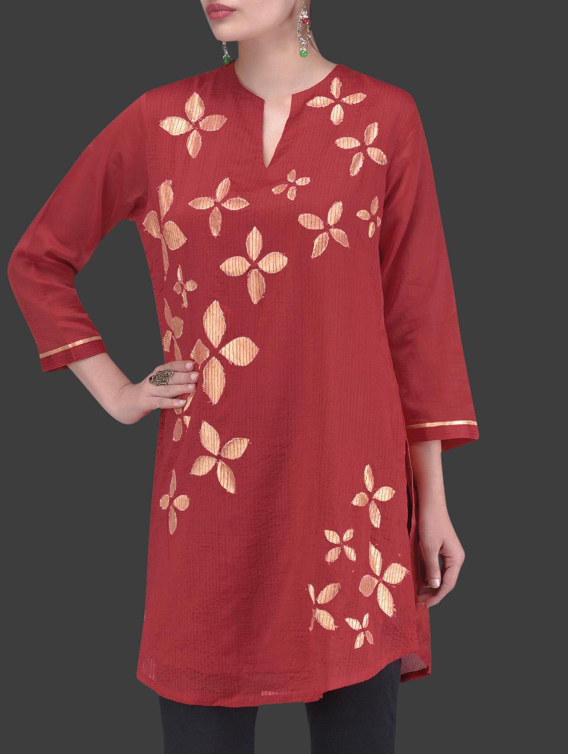 red appliqued chanderi silk tunic - 1265539 - Zoom Image - 2