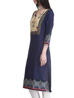 blue cotton straight kurta - 12761621 - Standard Image - 2