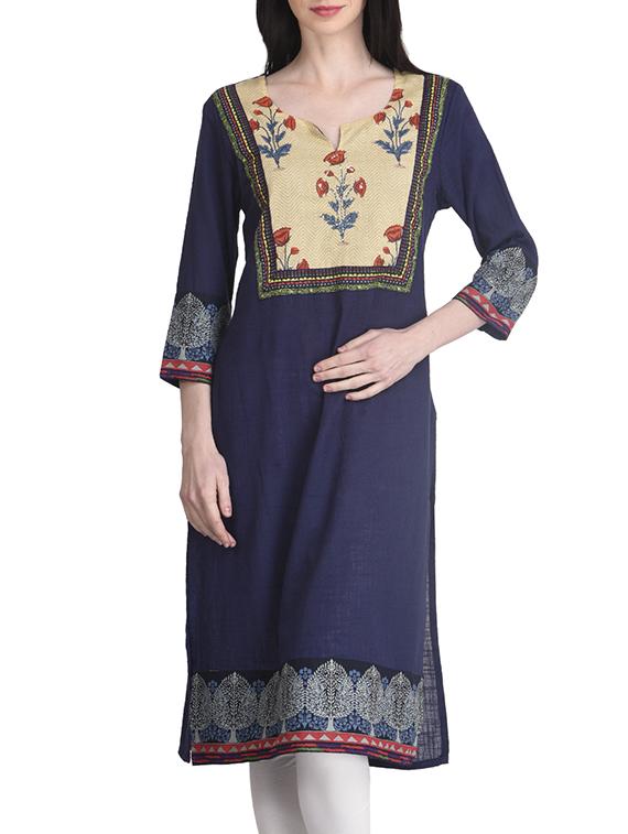 blue cotton straight kurta - 12761621 - Zoom Image - 1