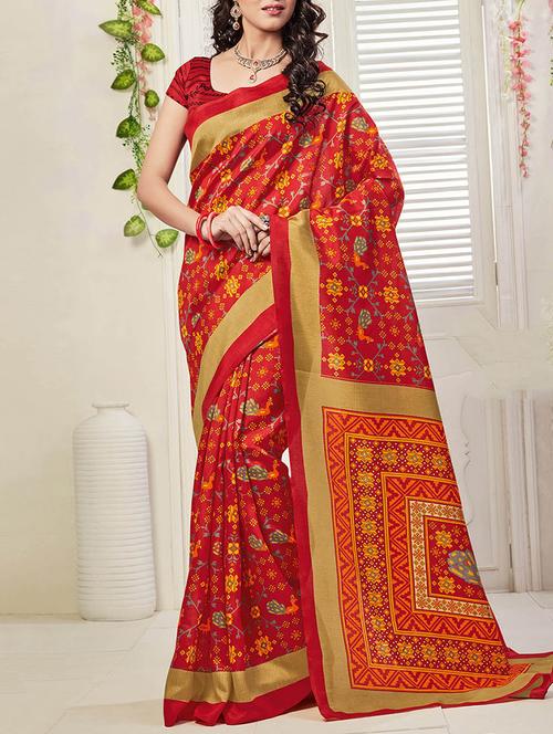red silk printed saree with blouse - 12774018 - Standard Image - 1