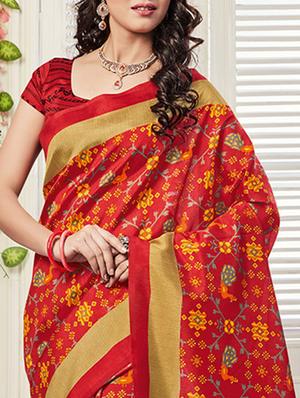 red silk printed saree with blouse - 12774018 - Standard Image - 2