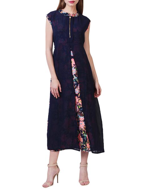 navy blue floral printed poly georgette dress - 12778072 - Standard Image - 1