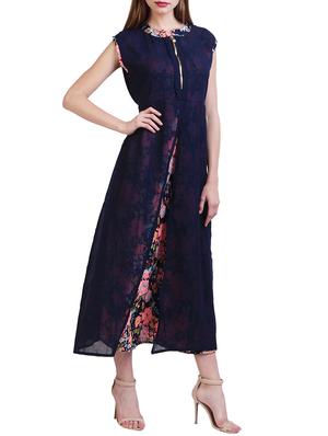 navy blue floral printed poly georgette dress - 12778072 - Standard Image - 2
