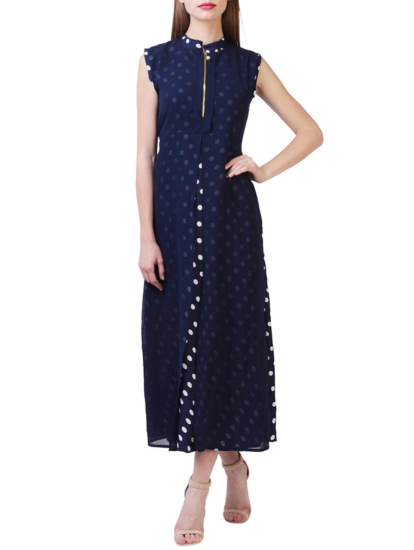 navy blue polka dots printed poly georgette dress - 12778074 - Zoom Image - 1
