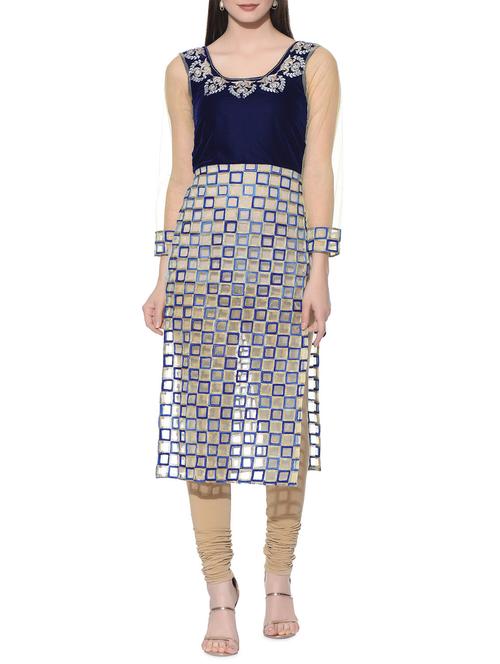 blue velvet straight kurta - 12779113 - Standard Image - 1