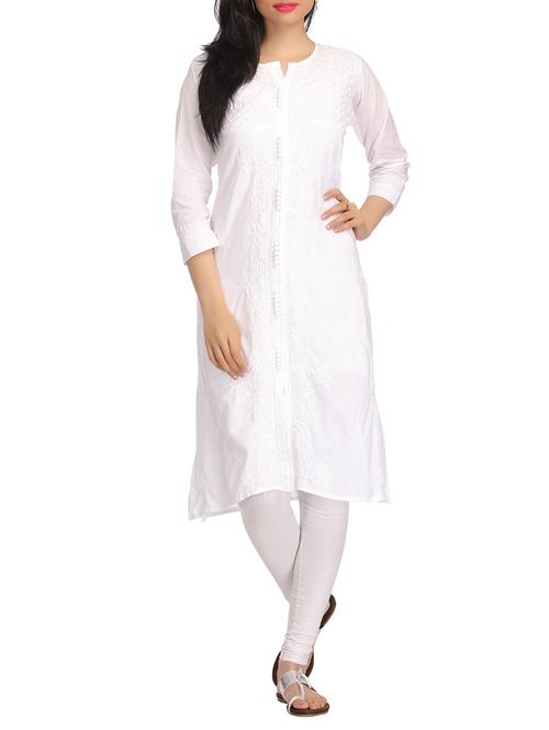 white chikankari embroidered cotton kurta - 12785225 - Standard Image - 1
