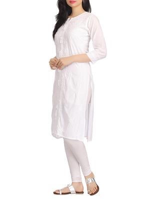 white chikankari embroidered cotton kurta - 12785225 - Standard Image - 2