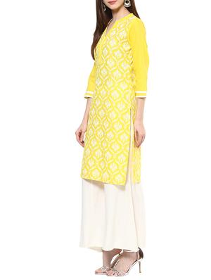 Yellow cotton block printed straight kurta - 12785262 - Standard Image - 2