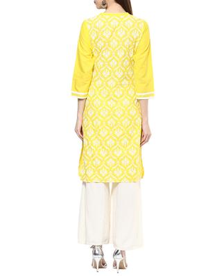 Yellow cotton block printed straight kurta - 12785262 - Standard Image - 3