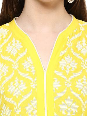 Yellow cotton block printed straight kurta - 12785262 - Standard Image - 4