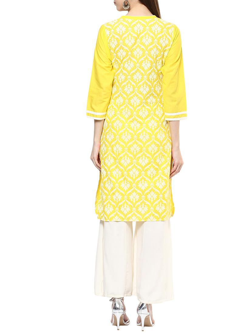 Yellow cotton block printed straight kurta - 12785262 - Zoom Image - 3