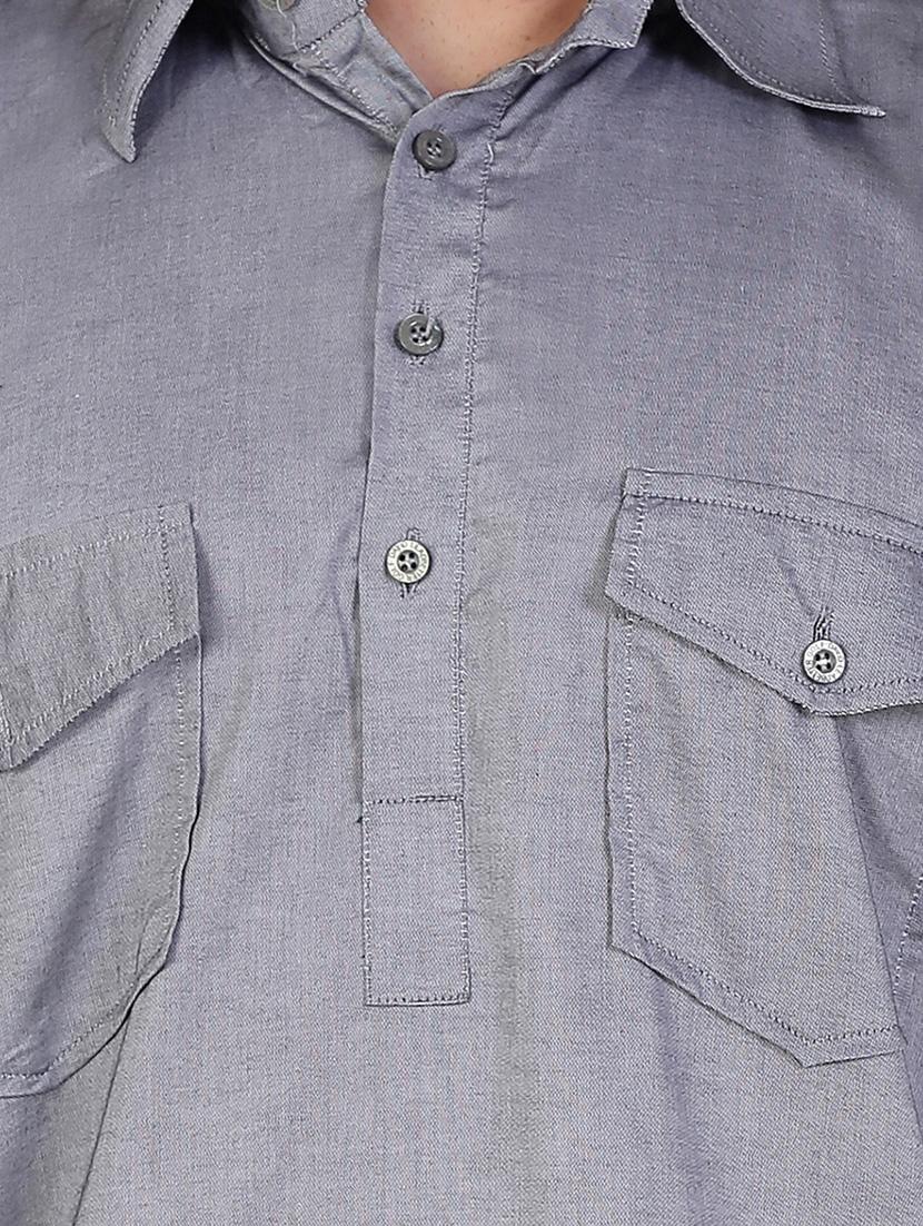 solid grey cotton pathani kurta - 12787166 - Zoom Image - 3