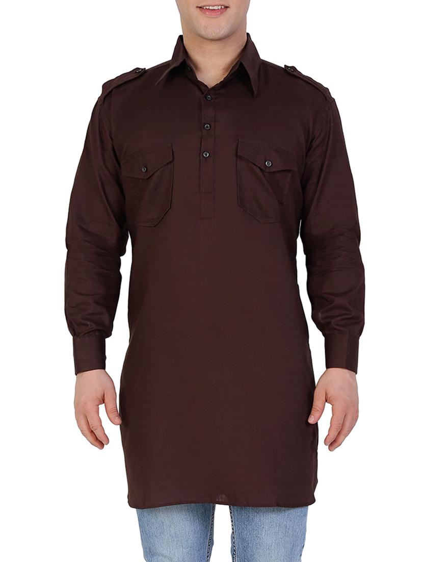 solid brown cotton pathani kurta - 12787171 - Zoom Image - 1