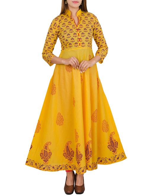 yellow cotton printed flared kurta - 12787538 - Standard Image - 1