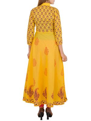 yellow cotton printed flared kurta - 12787538 - Standard Image - 3
