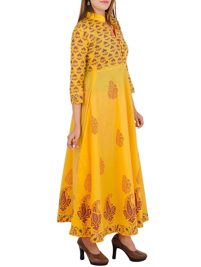 yellow cotton printed flared kurta - 12787538 - Zoom Image - 2