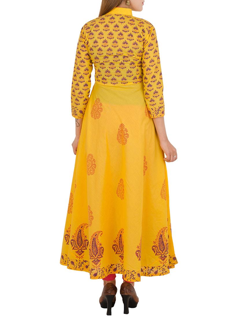 yellow cotton printed flared kurta - 12787538 - Zoom Image - 3