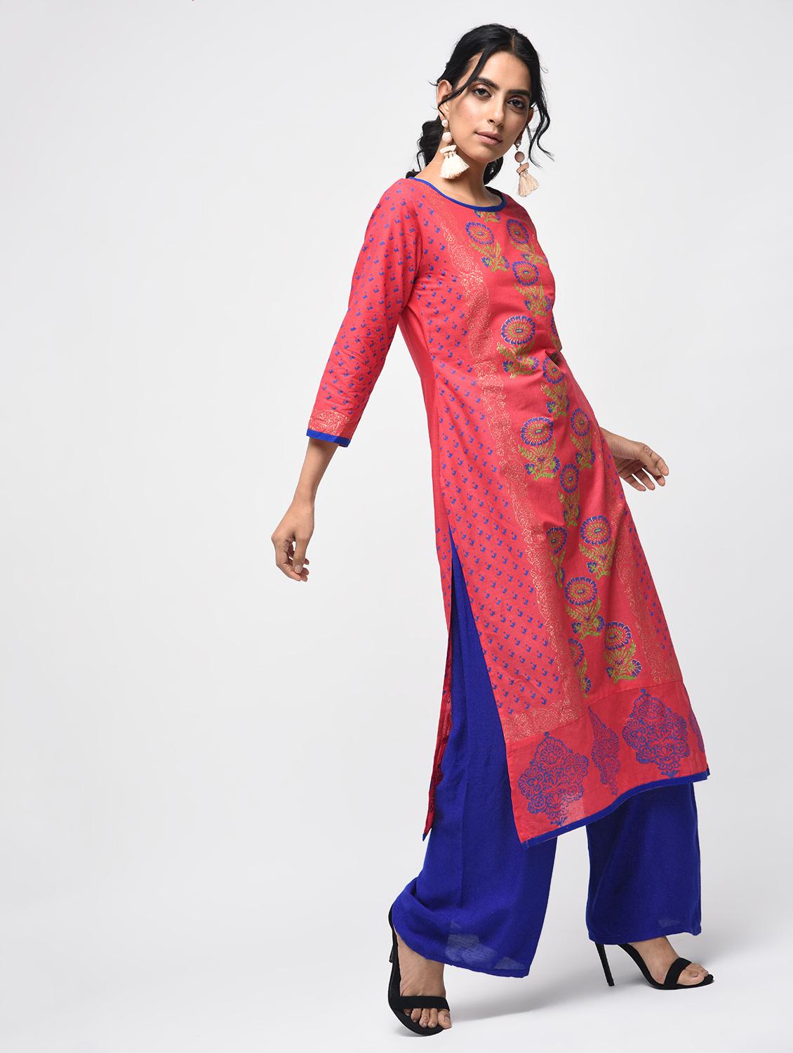 pink cotton straight kurta - 12787539 - Zoom Image - 2
