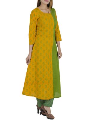 yellow cotton a-line kurta - 12787540 - Standard Image - 2