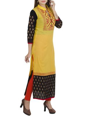 yellow cotton printed long kurta - 12787542 - Standard Image - 2
