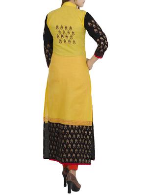 yellow cotton printed long kurta - 12787542 - Standard Image - 3