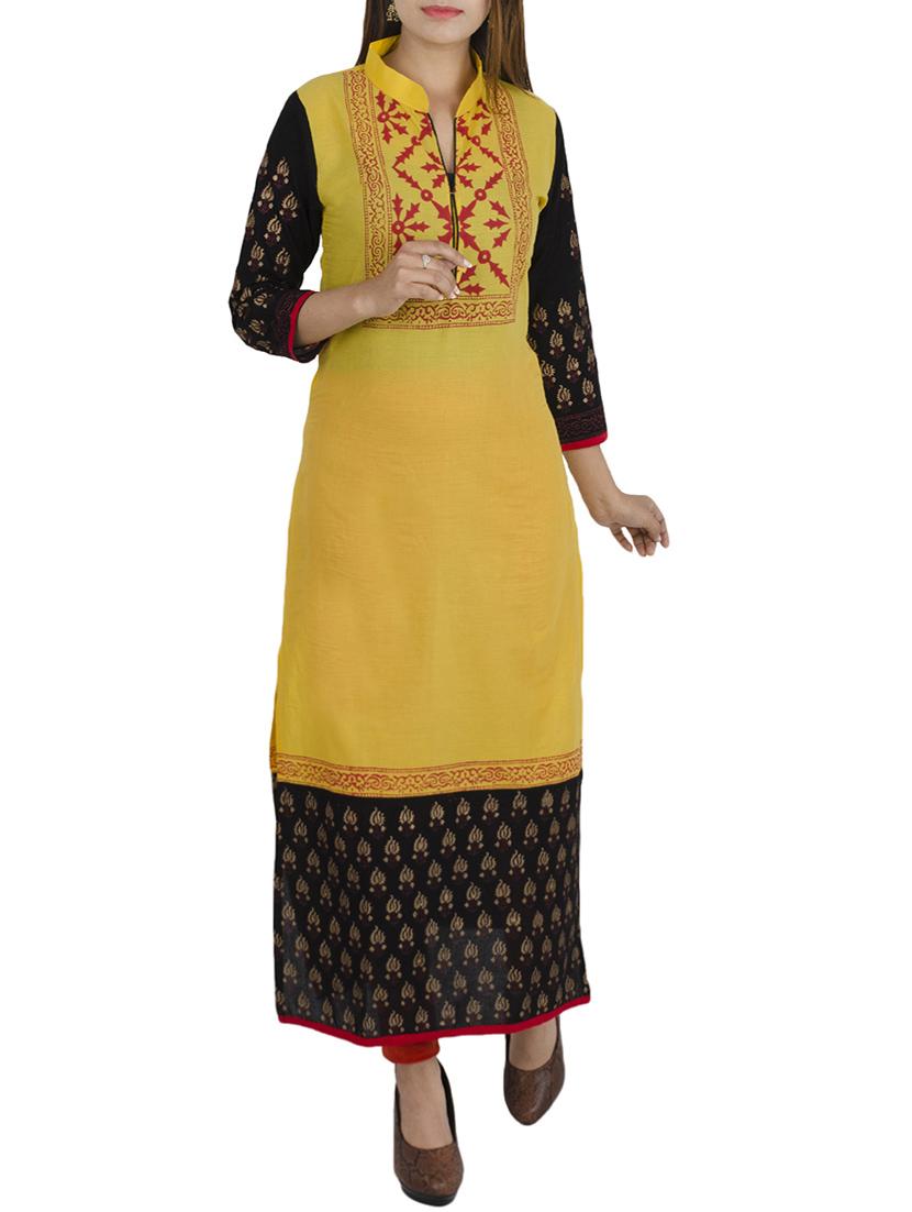 yellow cotton printed long kurta - 12787542 - Zoom Image - 1
