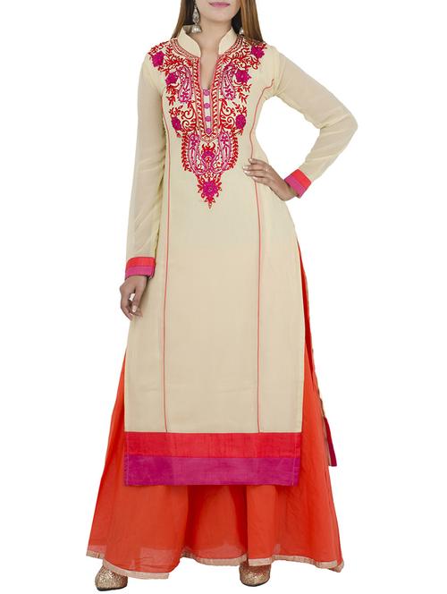 beige georgette embroidered kurta - 12787544 - Standard Image - 1