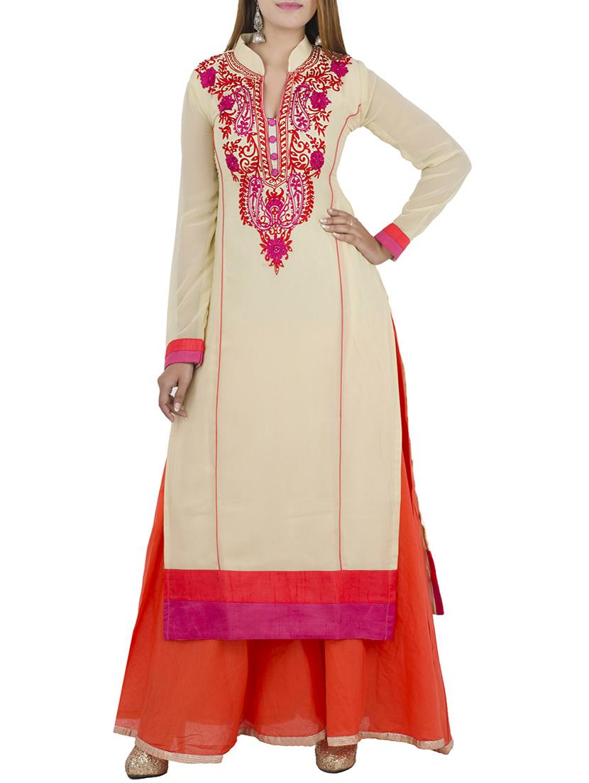 beige georgette embroidered kurta - 12787544 - Zoom Image - 1