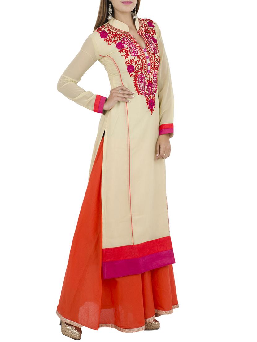 beige georgette embroidered kurta - 12787544 - Zoom Image - 2