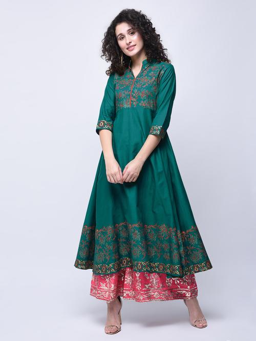 green cotton printed flared kurta - 12787546 -  Standard Image - 0