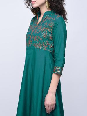 green cotton printed flared kurta - 12787546 -  Standard Image - 1