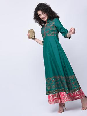 green cotton printed flared kurta - 12787546 - Standard Image - 4
