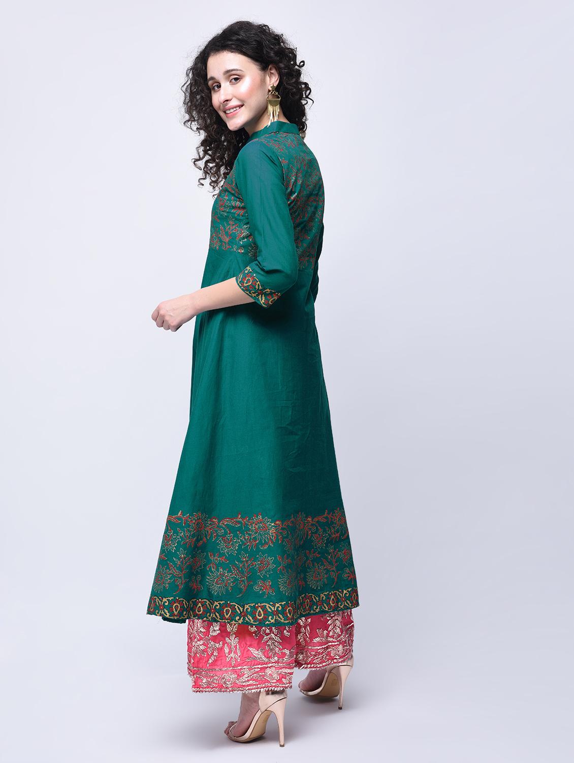 green cotton printed flared kurta - 12787546 - Zoom Image - 3