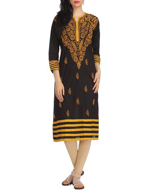 black chikankari embroidered cotton kurta - 12788691 - Standard Image - 1