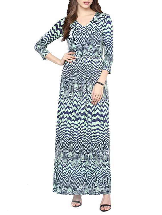 blue chevron printed viscose maxi dress