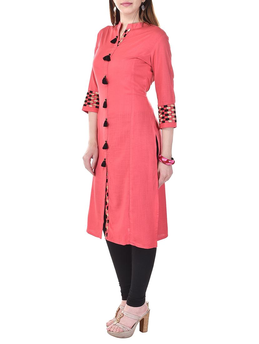 pink cotton slub straight kurta - 12804920 - Zoom Image - 2