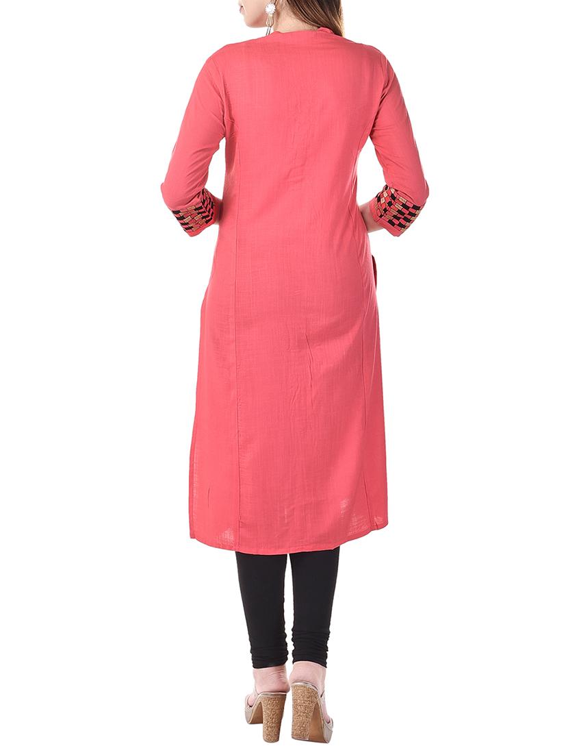 pink cotton slub straight kurta - 12804920 - Zoom Image - 3