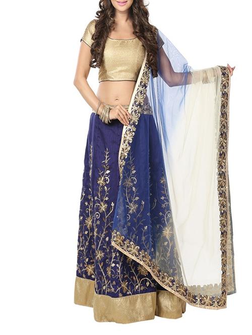 Navy Blue Embroidered Unstitched Lehenga - 12824152 - Very Small Image - 1