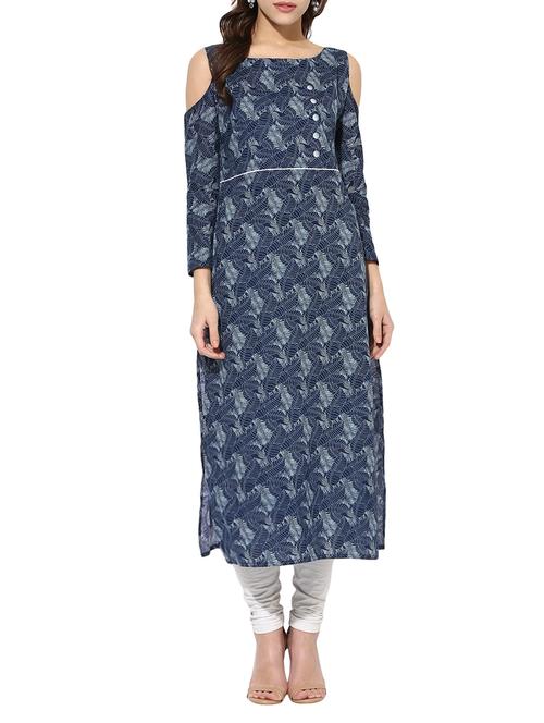 Indigo cotton printed cold shoulder kurta - 12835422 - Very Small Image - 1