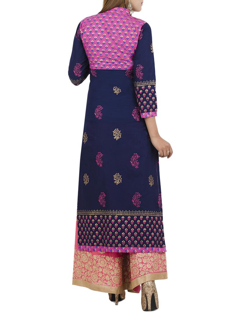navy cotton straight kurta - 12838404 - Zoom Image - 3