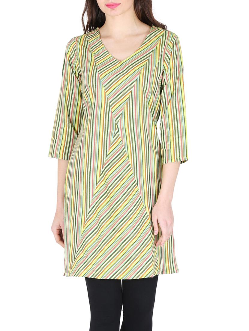 yellow striped cotton kurti - 12841866 - Zoom Image - 1