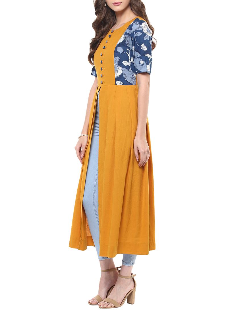 mustard high slit kurta - 12886121 - Zoom Image - 2