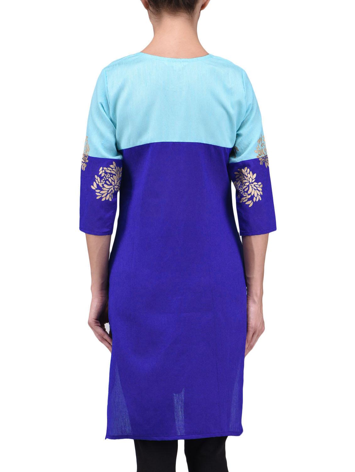 blue chanderi cotton straight kurta - 1289664 - Zoom Image - 3