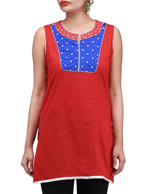 red chanderi cotton straight kurti - 1289691 -  Standard Image - 0